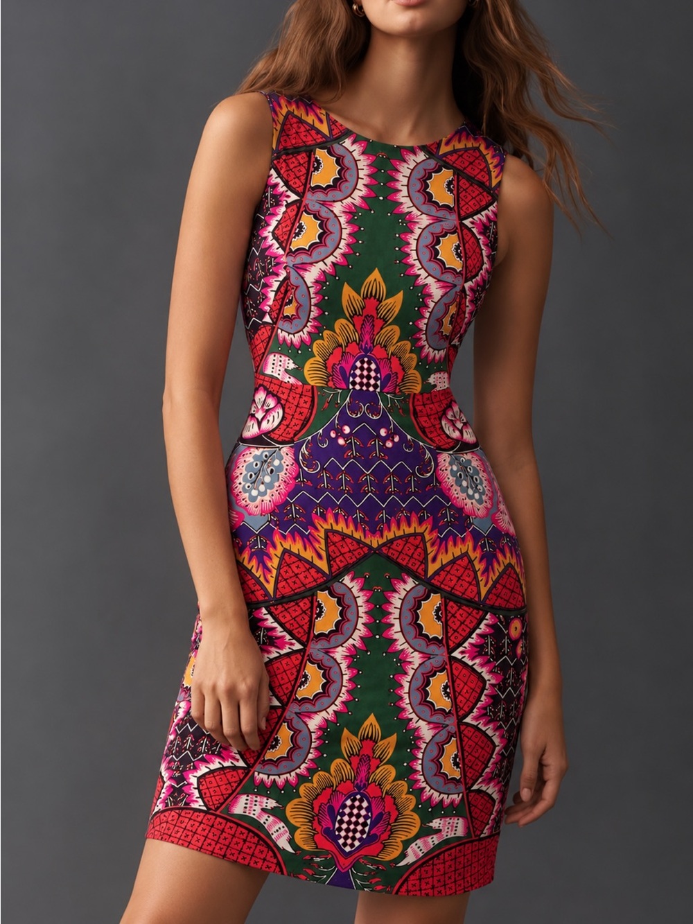 Maeve Anthropologie Vibrant Printed Sheath Dress Cutout Back Boho Mod Size 2